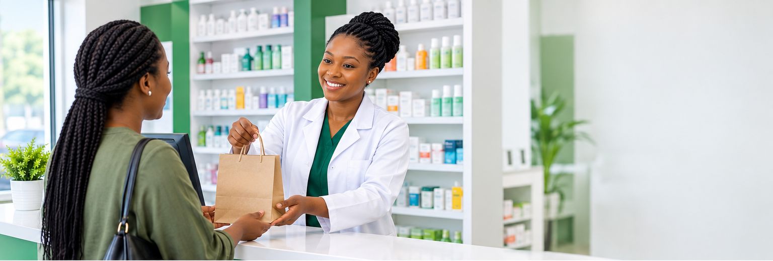 A Neribo Pharmacy pharmacist handing a customer a paper shopping bag at the counter